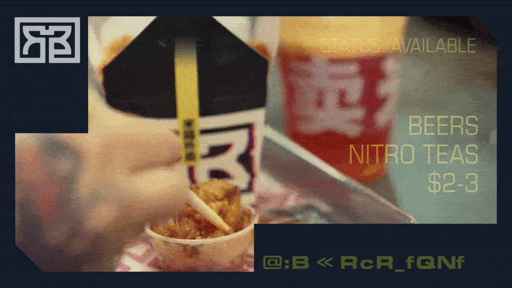 Hand holding chopsticks and picking up a bite to eat as Rice Box takeout box and Nitro Tea are in the background, text loads in to show Golden Hour time and what beverages are available